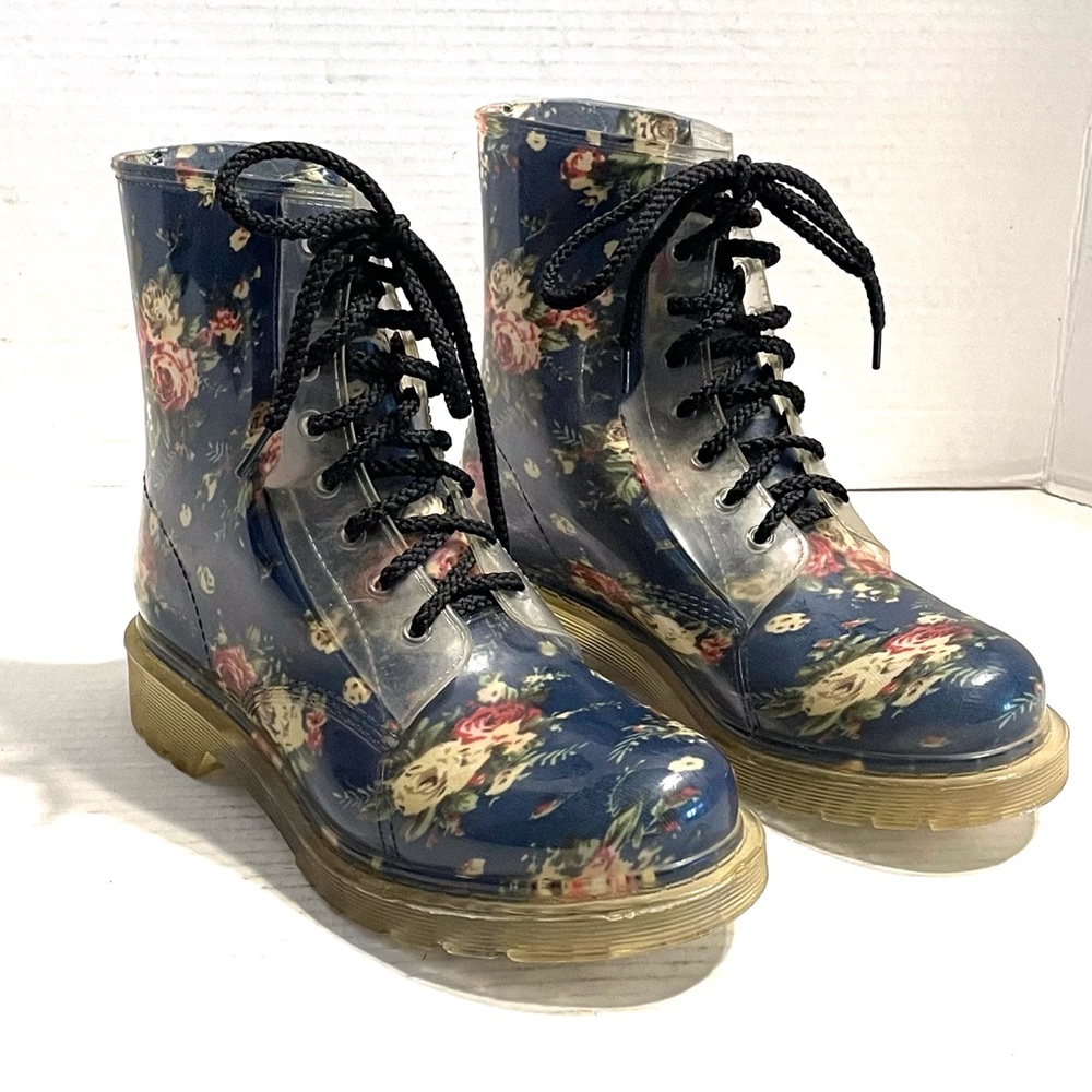 Dirty Laundry Vinyl Hiking Boots Clear Floral Blue Combat Ankle Sz 7